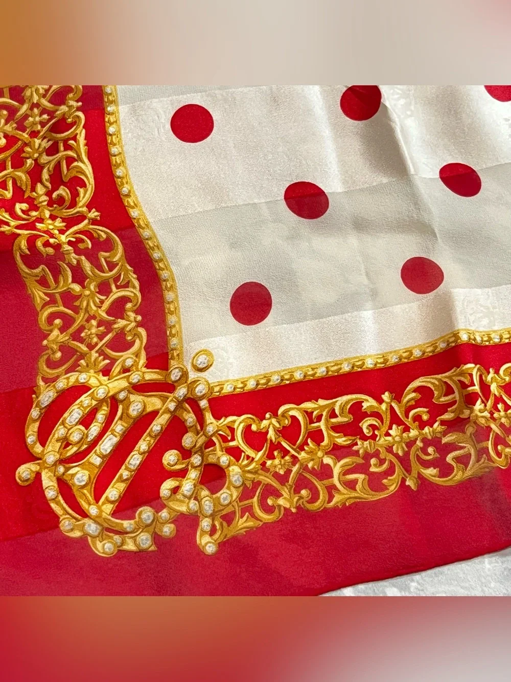Dior Vintage Silk Chiffon Scarf Red Gold Polka Dot Crown Filigree Jacquard 32